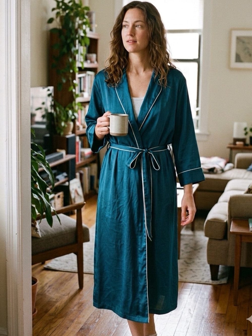 Victoria's Secret Teal Blue Satin Robe Medium Long Sleeve Full Length Vintage